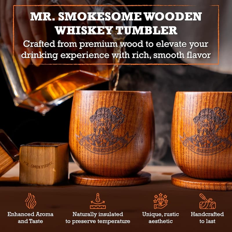 Whiskey Gifts for Men: Wooden Bourbon Glass Set with Coasters
