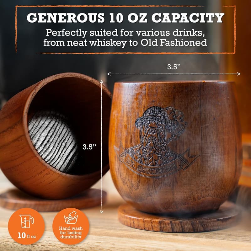 Whiskey Gifts for Men: Wooden Bourbon Glass Set with Coasters