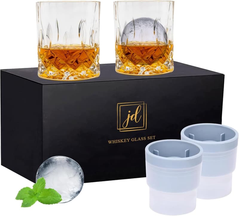 Whiskey Rocks Glass Set with Gift Box - 2 Crystal Glasses & Ice Molds