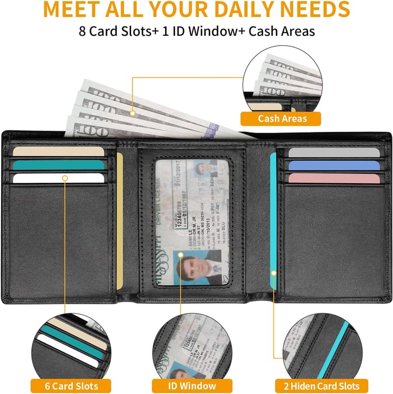 Men's RFID Blocking Leather Trifold Wallet with ID Window
