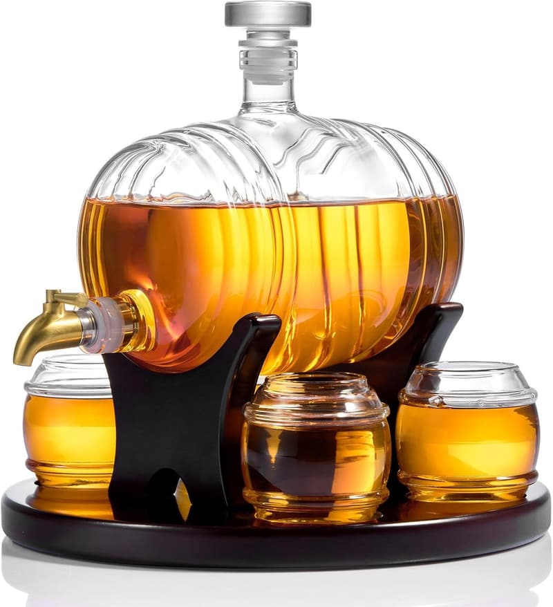 Unique Whiskey Barrel Decanter Set for Men – 1.3L with 4 Glasses