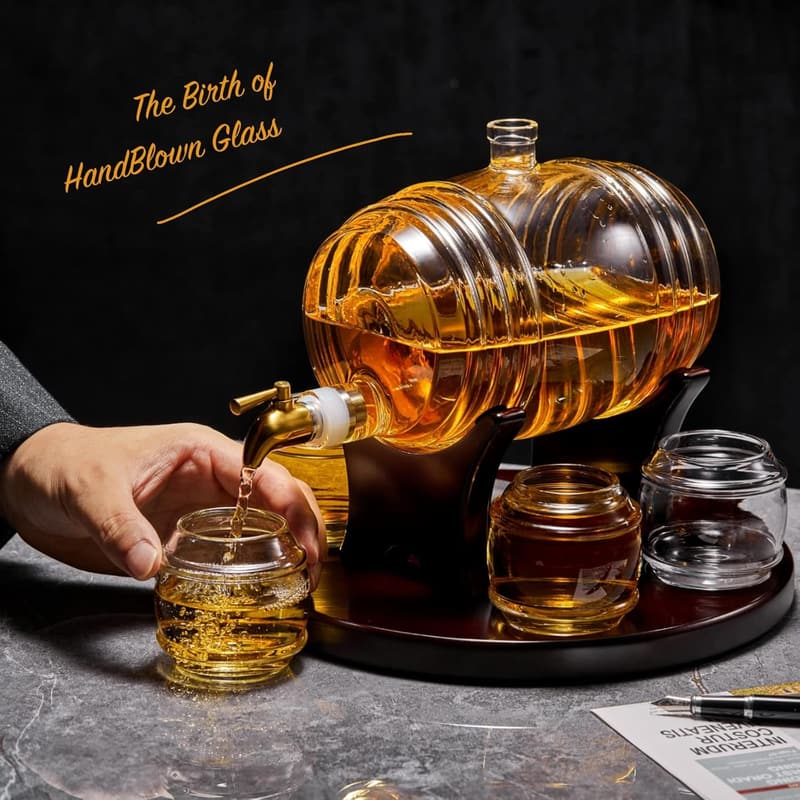 Unique Whiskey Barrel Decanter Set for Men – 1.3L with 4 Glasses