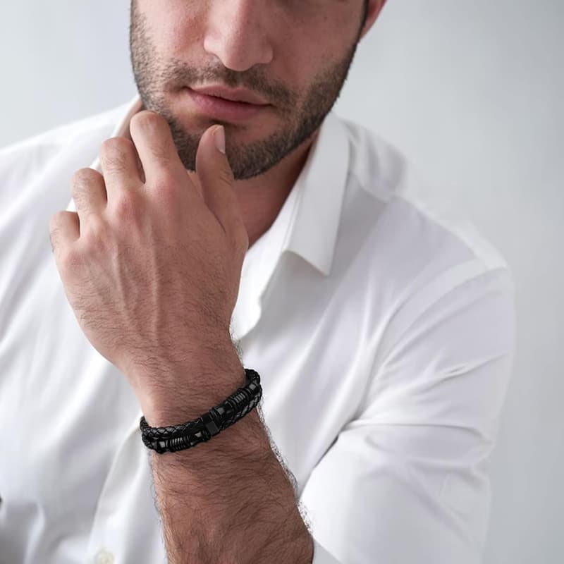 Men's Braided Leather Bracelet with Stainless Steel Clasp