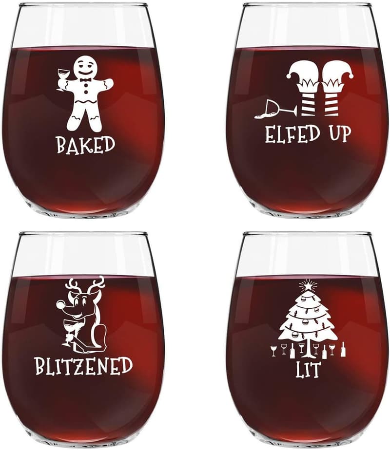 Funny Stemless Wine Glass Set for Holiday Parties – 15 oz, Set of 4