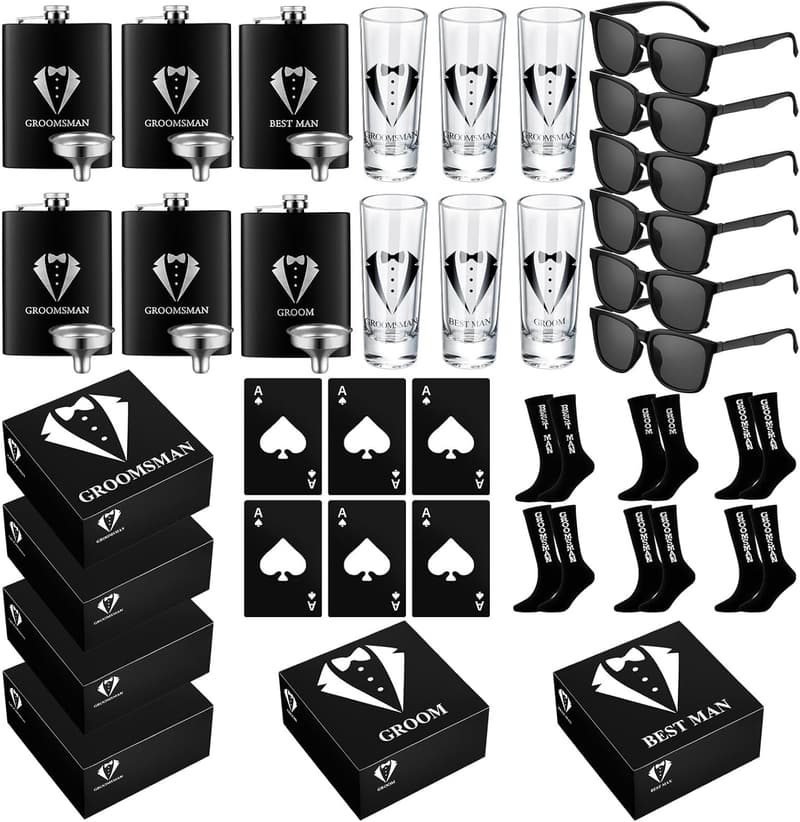 Groomsmen Gift Set - Stainless Steel Flask, Shot Glasses & More