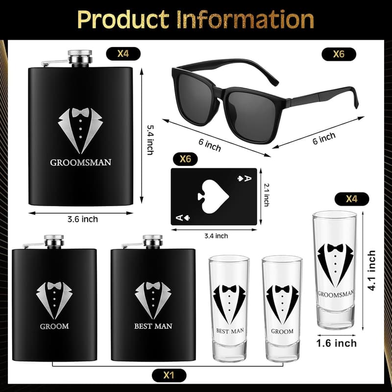 Groomsmen Gift Set - Stainless Steel Flask, Shot Glasses & More
