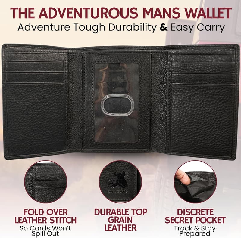 BULL GUARD RFID Trifold Wallet - Black Genuine Leather