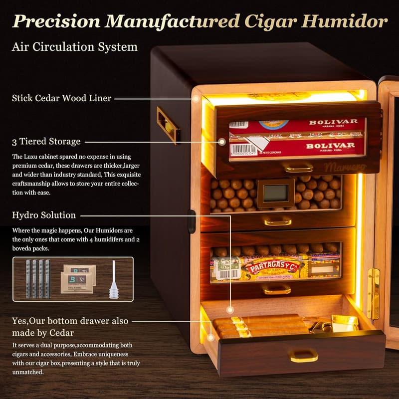 Cigar Humidor Cabinet with Digital Hygrometer - Holds 200 Cigars