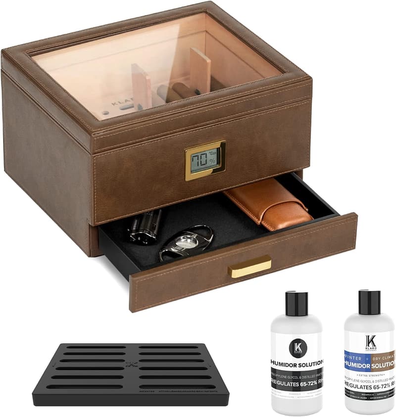 Brown Leather-Wrapped Humidor with Digital Hygrometer, Holds 30-60 Cigars