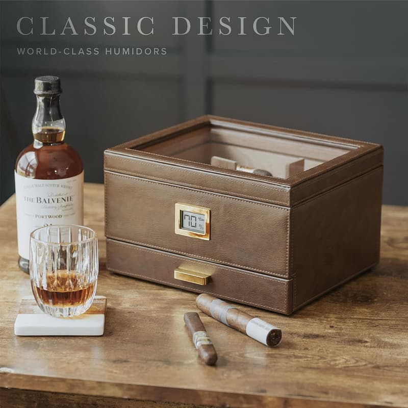 Brown Leather-Wrapped Humidor with Digital Hygrometer, Holds 30-60 Cigars