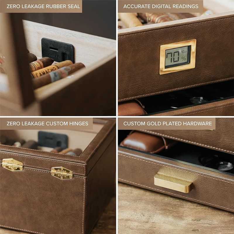 Brown Leather-Wrapped Humidor with Digital Hygrometer, Holds 30-60 Cigars