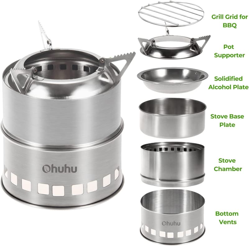 Portable Stainless Steel Camping Stove with Grill Grid and Carry Bag