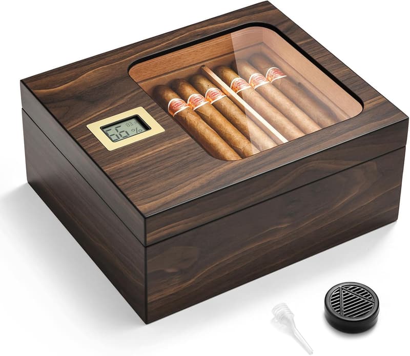 Modern Cedar Cigar Humidor with Digital Hygrometer - Holds 50 Cigars