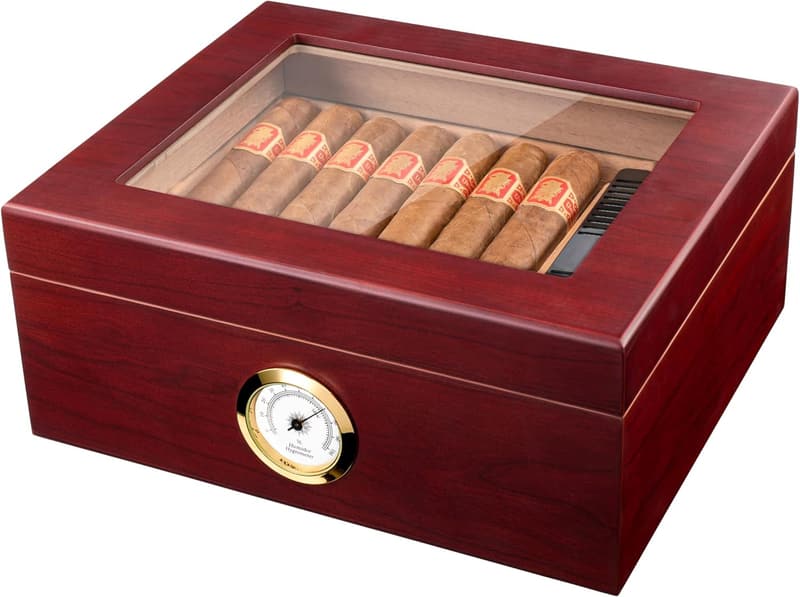 Elegant Cedar Cigar Humidor for 25-50 Cigars with Hygrometer