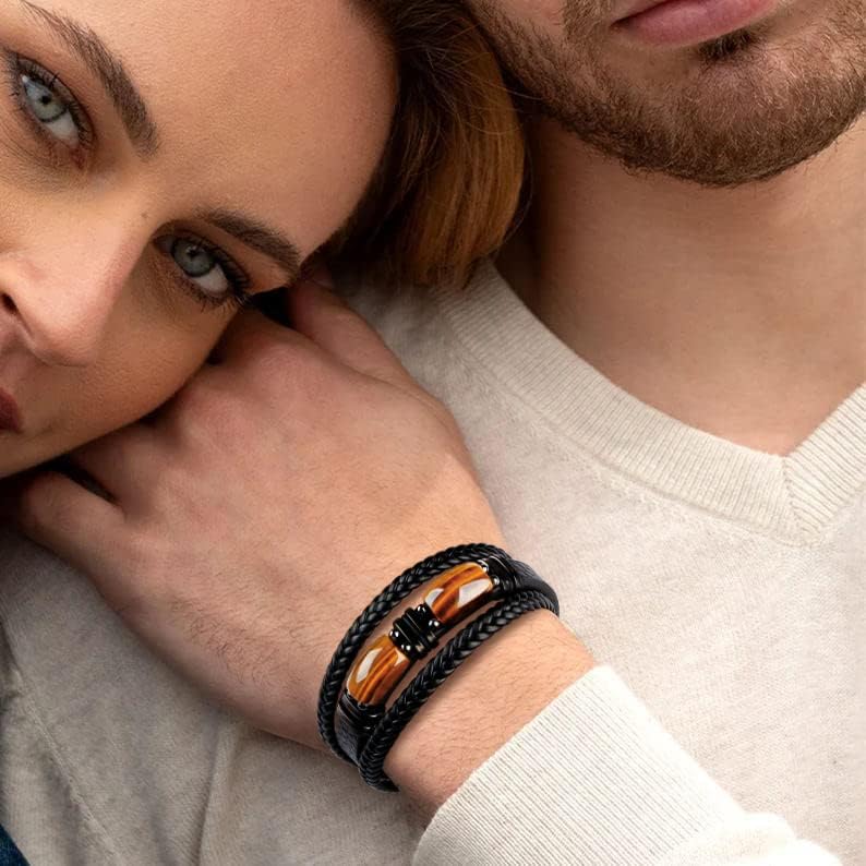 Father's Day Leather Bracelet for Men with Tiger Eye Stone