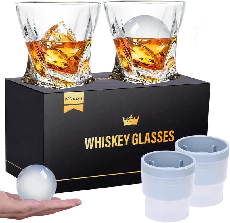 Whiskey Glasses Gift Set – 2 Crystal Glasses & Ice Ball Molds