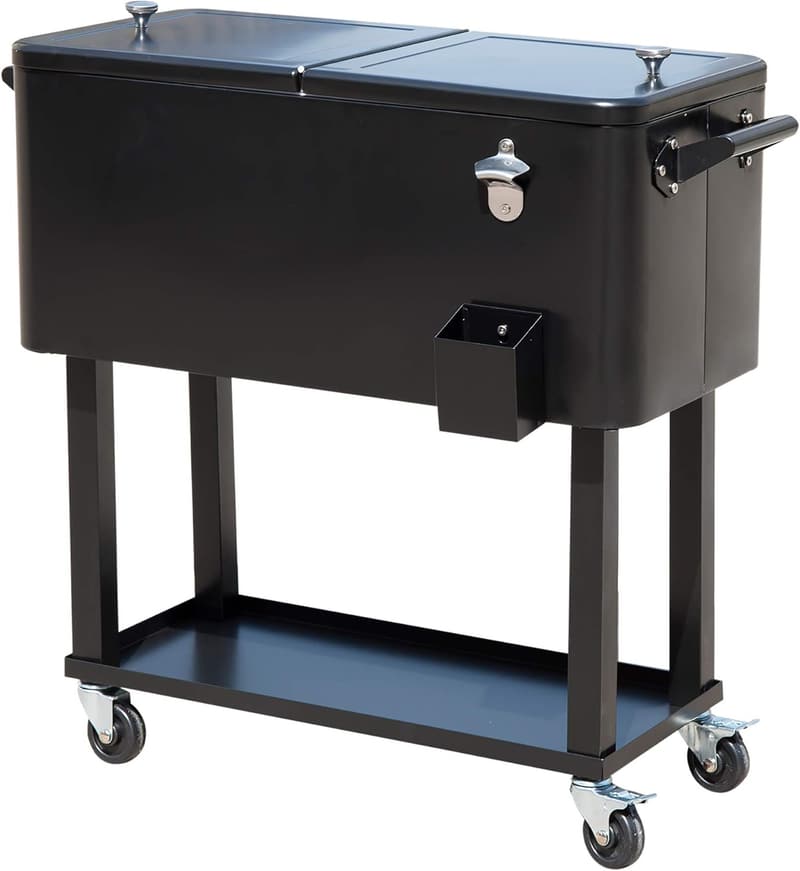 Outdoor Party Ice Chest on Wheels - 80 QT Black Cooler Cart