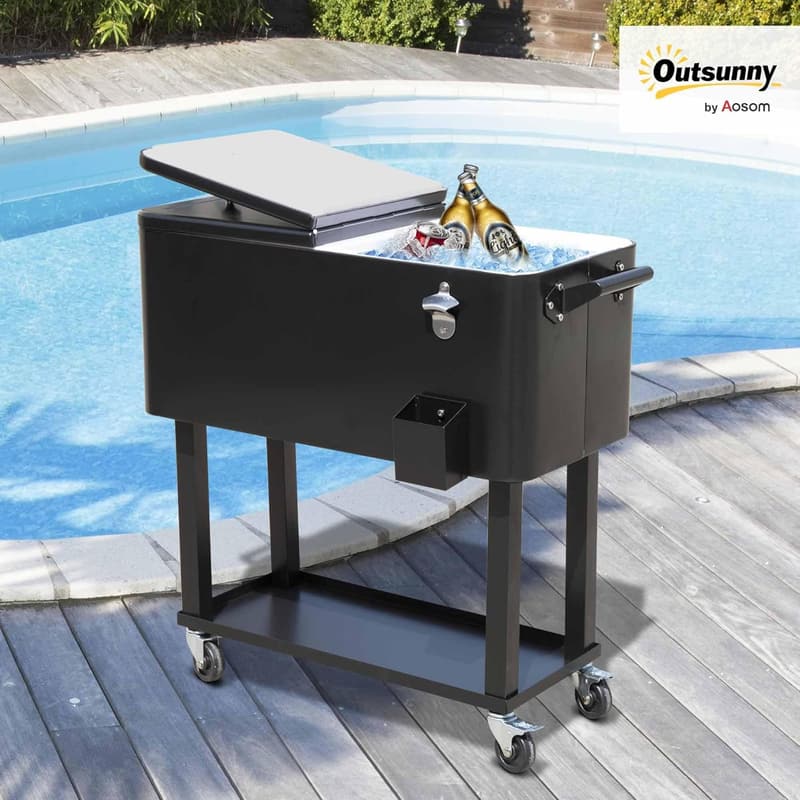 Outdoor Party Ice Chest on Wheels - 80 QT Black Cooler Cart