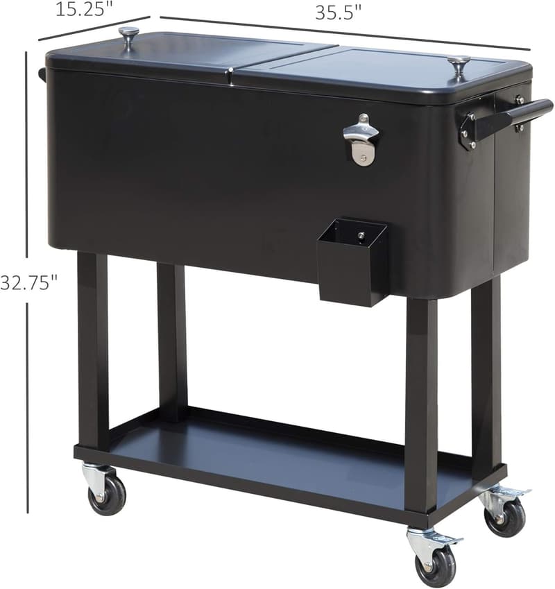 Outdoor Party Ice Chest on Wheels - 80 QT Black Cooler Cart