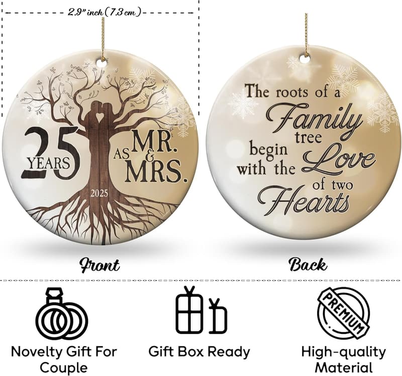 25th Anniversary Ceramic Ornament for Couples - 2025 Holiday Decor