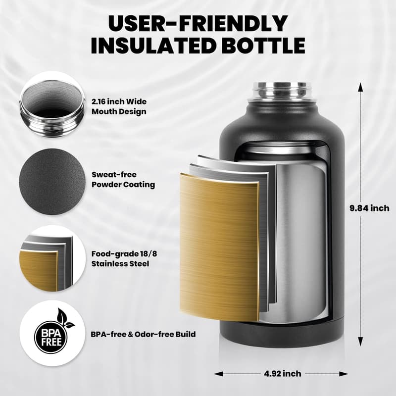 64 oz Insulated Stainless Steel Water Bottle with Straw Lid