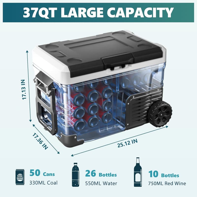 Portable 12V Electric Cooler - 37QT with Wheels for Travel
