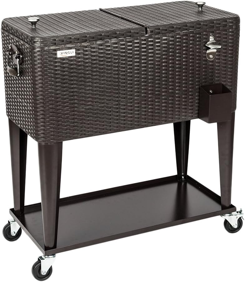 Portable Patio Drink Cooler Cart with Wheels, 80 Quart Wicker Rattan