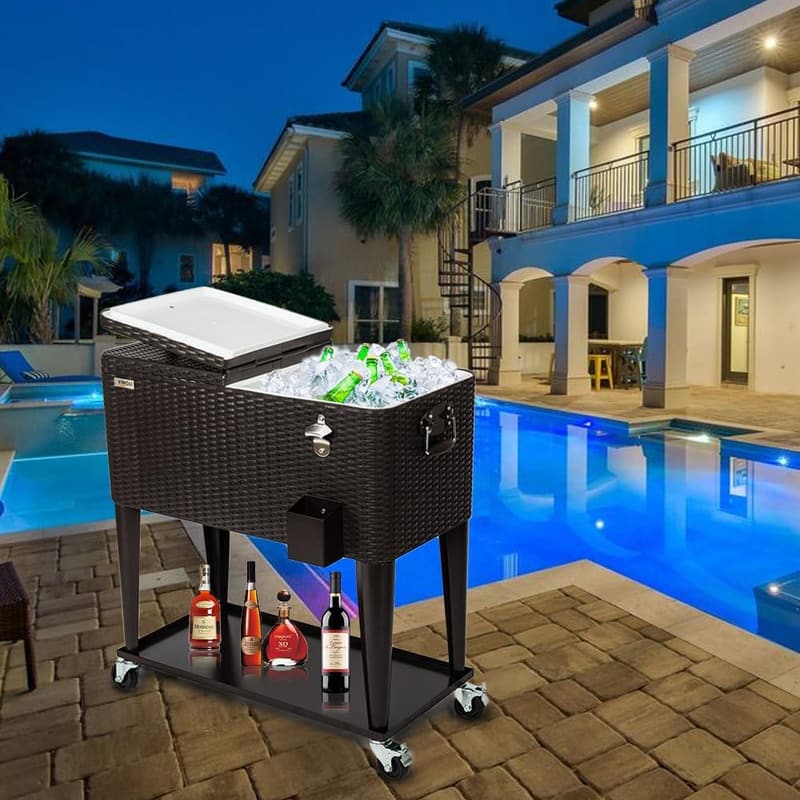 Portable Patio Drink Cooler Cart with Wheels, 80 Quart Wicker Rattan