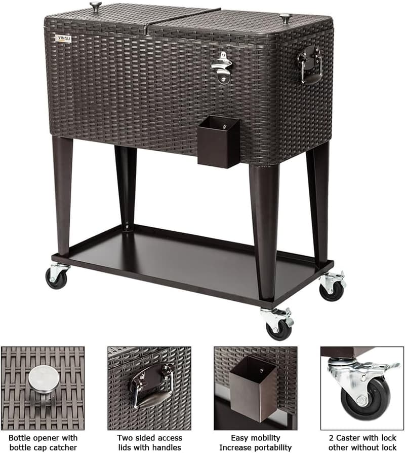 Portable Patio Drink Cooler Cart with Wheels, 80 Quart Wicker Rattan