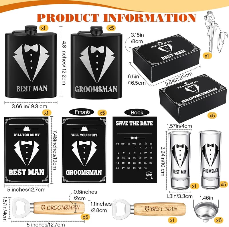Groomsmen Gift Set: 30 Pcs Flask, Opener, Shot Glasses & Cards