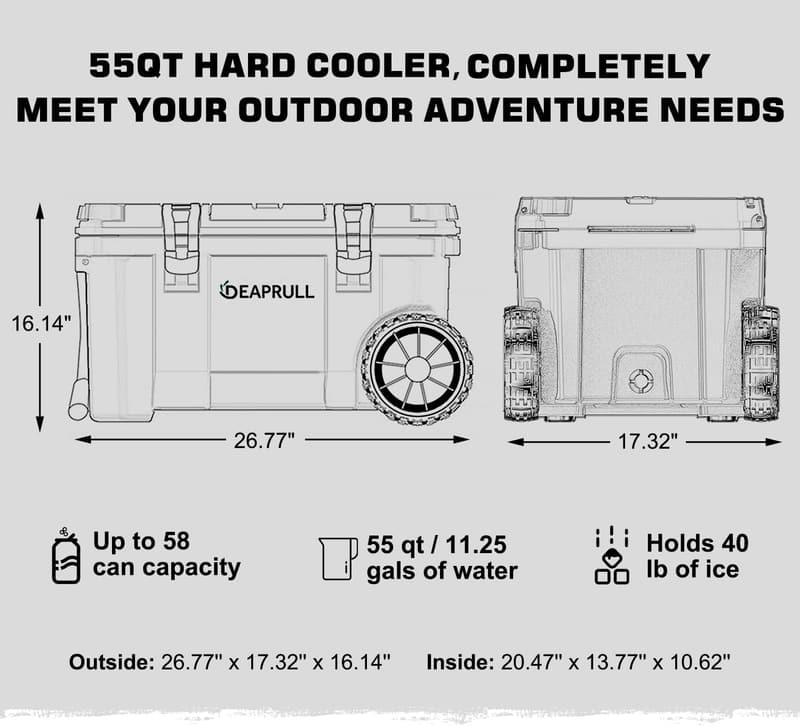 Portable 55 Quart Insulated Cooler with Wheels for Camping