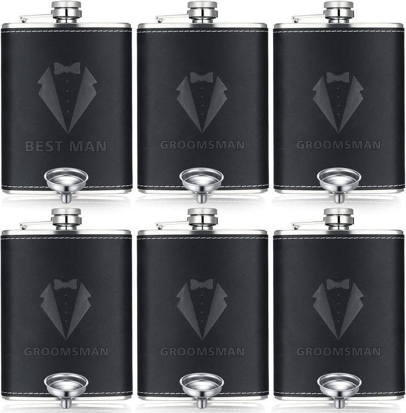 Groomsman Proposal Set: 6 Stainless Steel Flasks, 8 oz