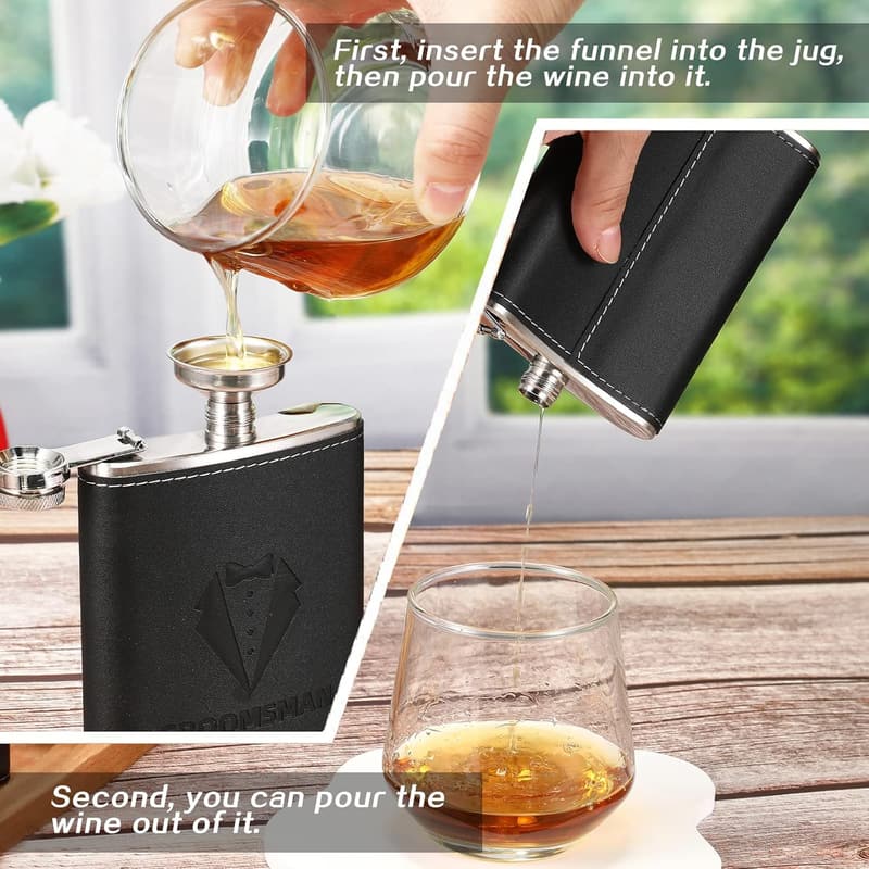 Groomsman Proposal Set: 6 Stainless Steel Flasks, 8 oz