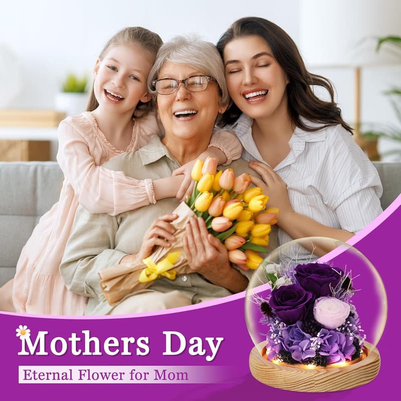 Mother's Day Roses in Glass Dome with LED Light