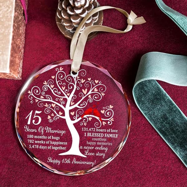15th Anniversary Crystal Glass Ornament for Couples