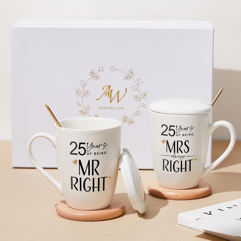 25th Anniversary Mr. & Mrs. Ceramic Coffee Mug Set, 12 oz