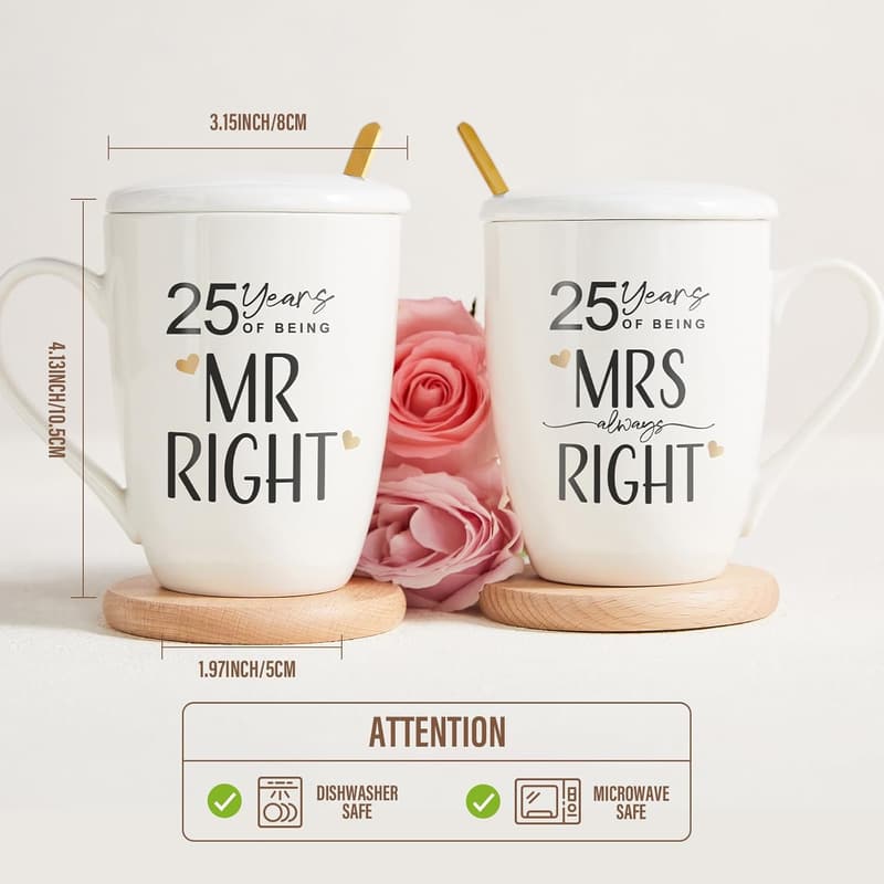 25th Anniversary Mr. & Mrs. Ceramic Coffee Mug Set, 12 oz