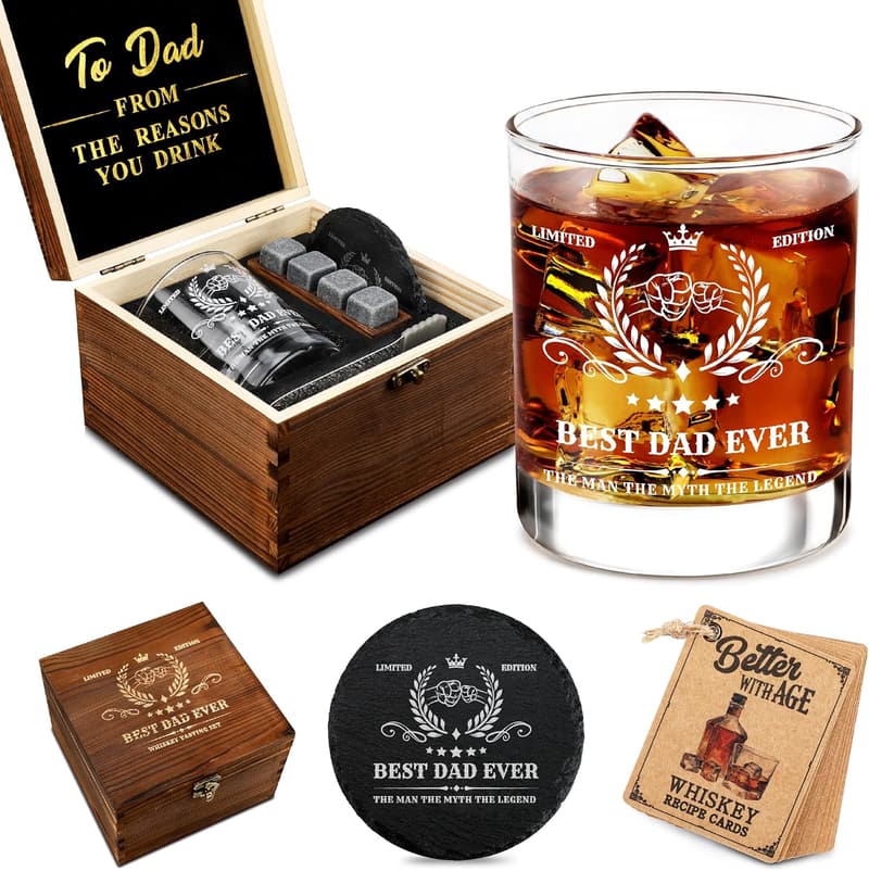 Whiskey Set for Dad's Birthday - Wood Box, Stones, Coaster