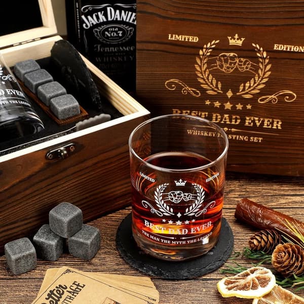 Whiskey Set for Dad's Birthday - Wood Box, Stones, Coaster