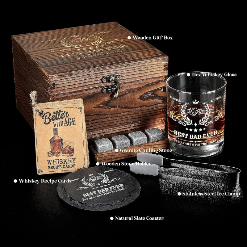 Whiskey Set for Dad's Birthday - Wood Box, Stones, Coaster
