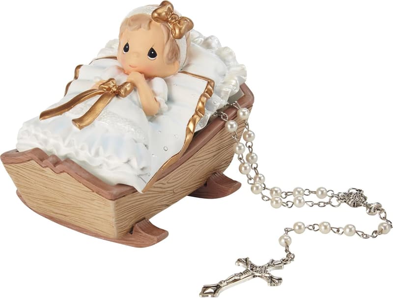 Baptism Rosary Box for Girls - White Painted Resin Keepsake