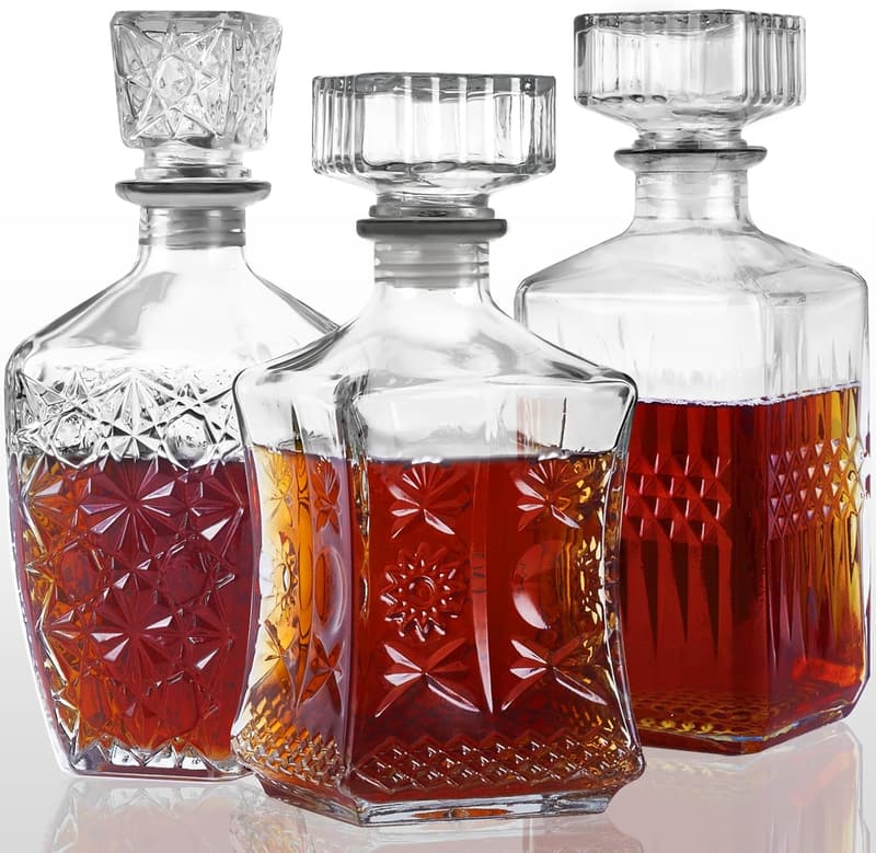 Whiskey Decanter Set - 3 Glass Bottles for Home Bar