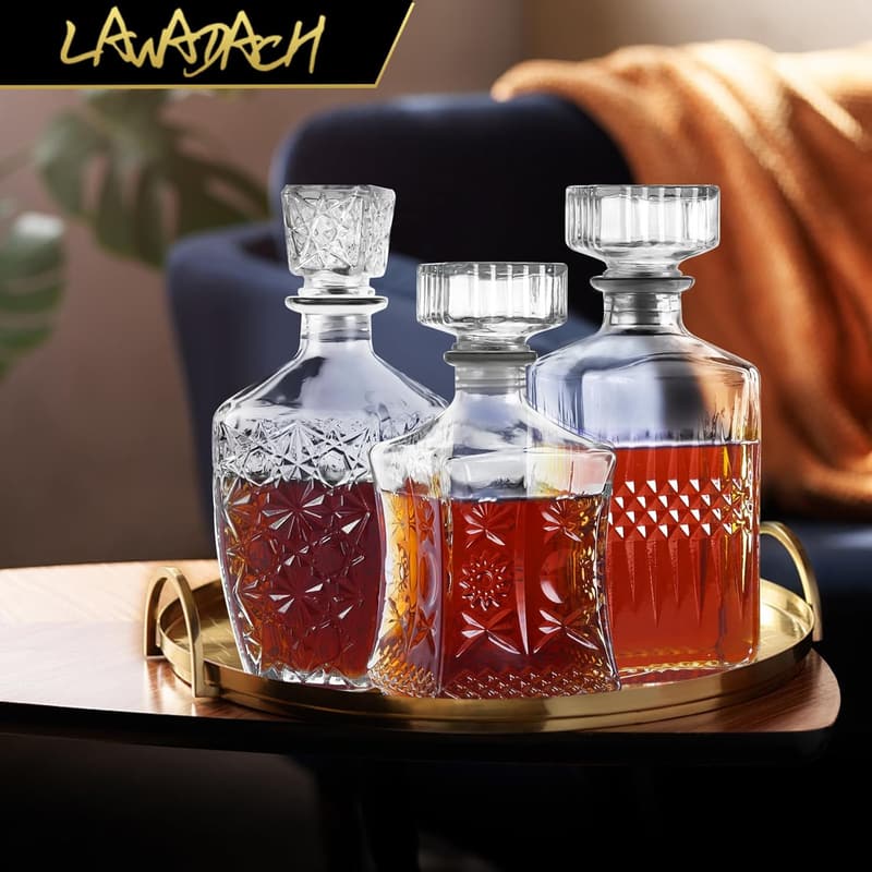 Whiskey Decanter Set - 3 Glass Bottles for Home Bar