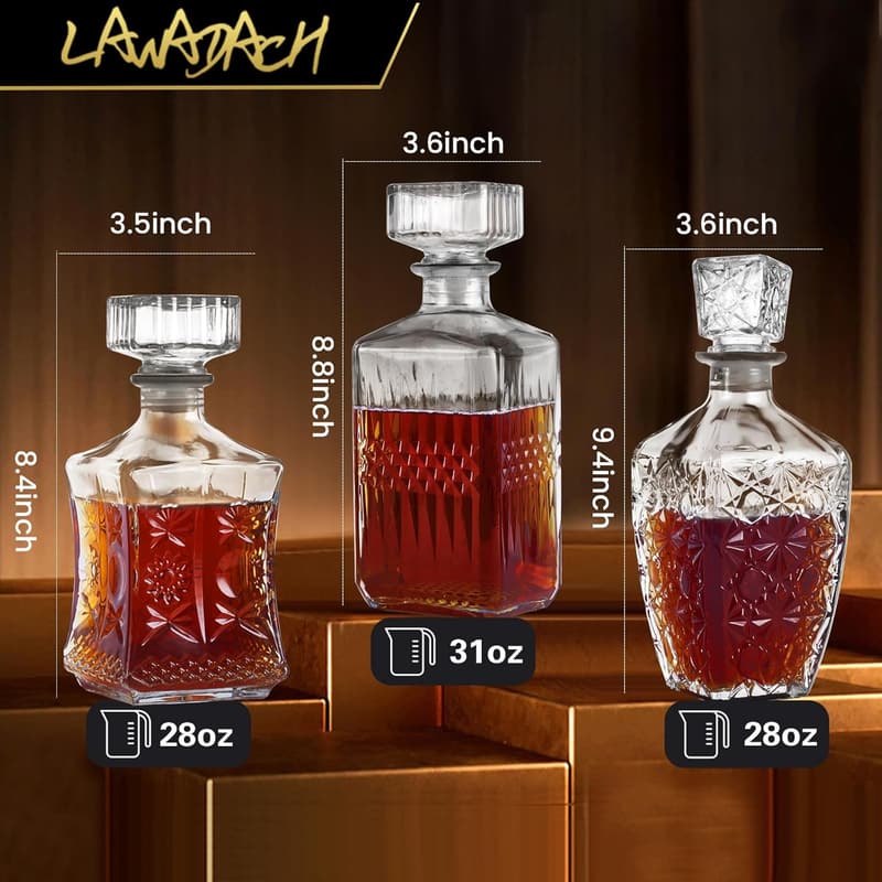 Whiskey Decanter Set - 3 Glass Bottles for Home Bar