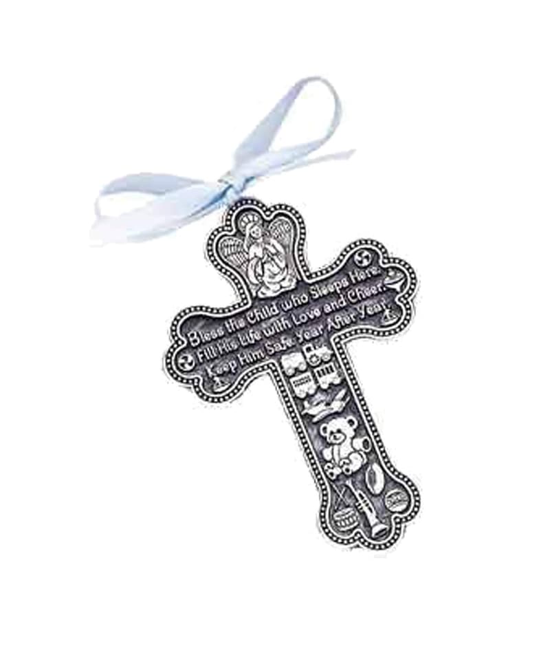 Baby Boy Guardian Angel Crib Cross Pewter Keepsake with Blue Ribbon