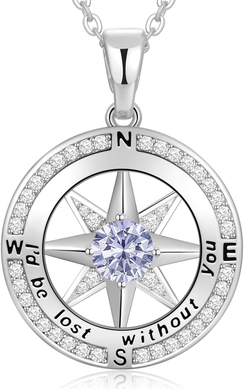 Birthday Compass Birthstone Necklace in S925 Sterling Silver for Her