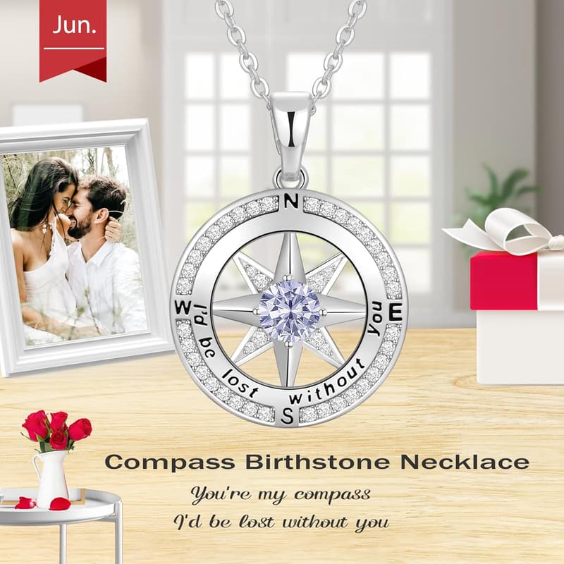 Birthday Compass Birthstone Necklace in S925 Sterling Silver for Her