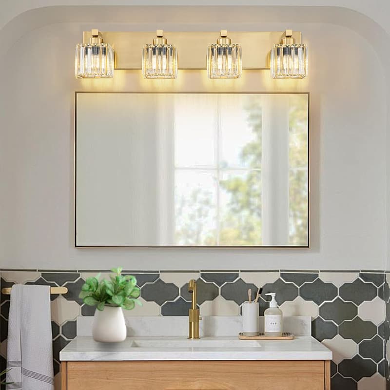 Modern Gold Crystal Bathroom Vanity Lights with Square Shade