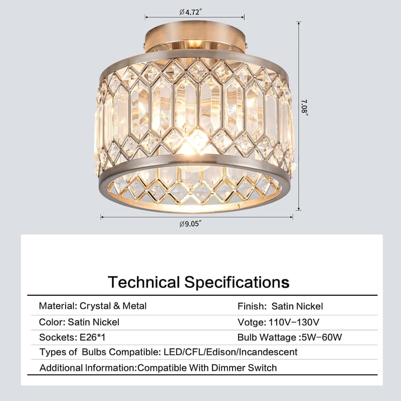 Modern Crystal Semi Flush Mount Ceiling Light Fixture
