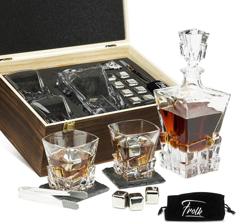 Whiskey Decanter Gift Set for Men with Glasses & Steel Cubes